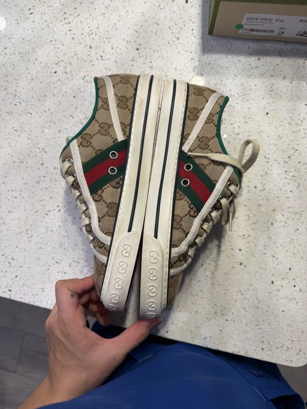Gucci Beige Monogram Kids Sneaker with Green & Red Web Stripe - Picture 5 of 8